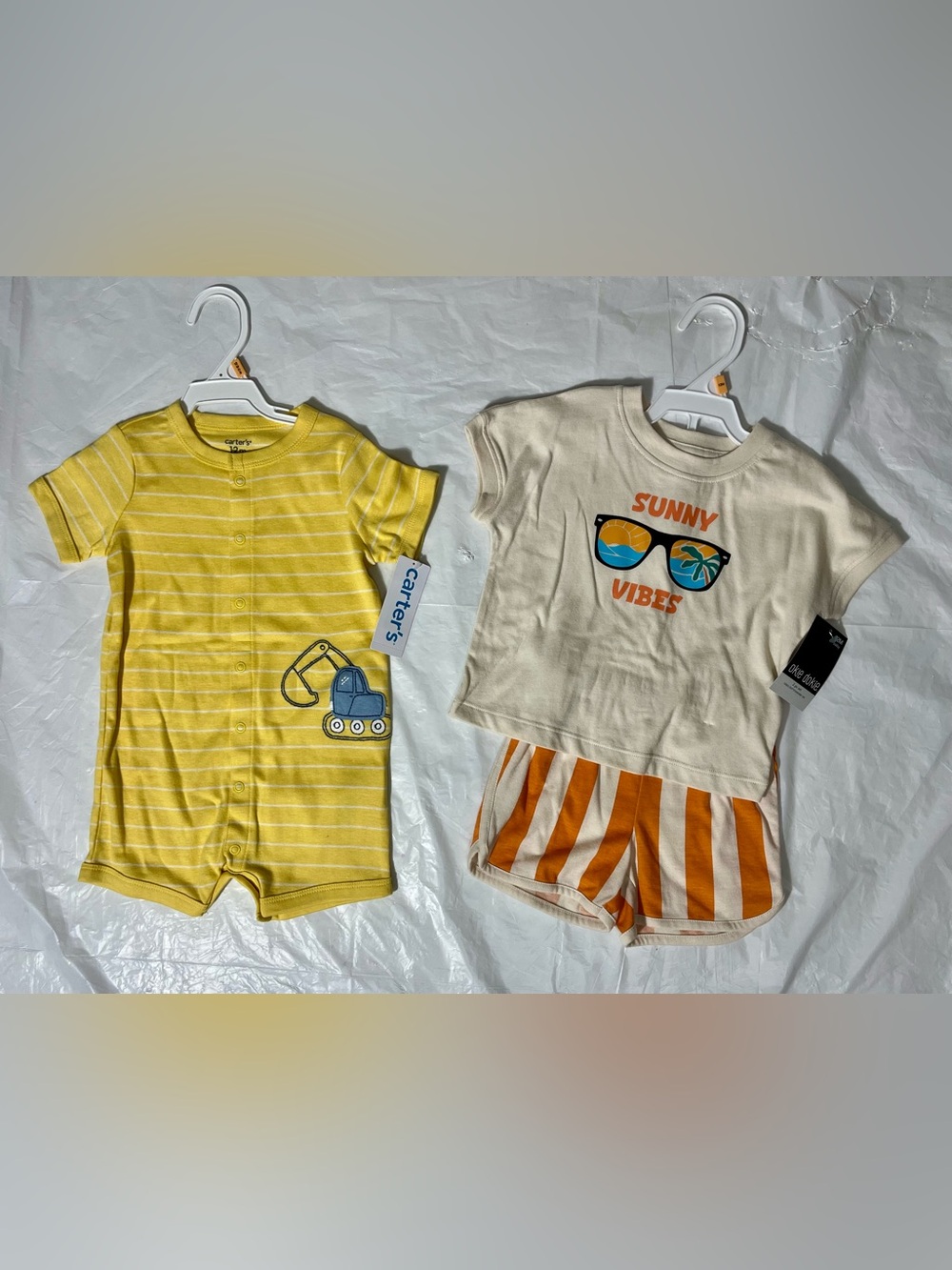 NWT! 12 mo Boys Carter’s Yellow  Striped Romper & Okie Dokie Sunny Vibes Tee Set